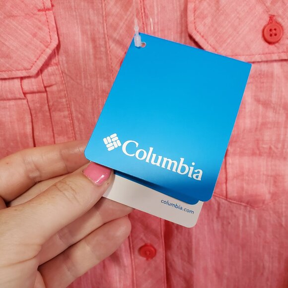 COLUMBIA NWT Camp Henry Short Sleeve Shirt Button Front Cotton Pink Womens Large - Picture 9 of 13